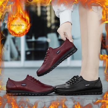 Női PU bőr cipő fleece béléssel, mikroszálas felsőrész, PU talp, kényelmes viselet, alacsony sarok, kerek orr, stílusos és klasszikus.