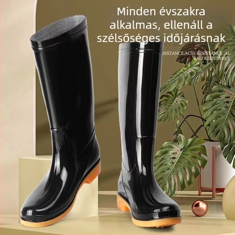 Tehénbőr talpú esőcsizma, kopásálló, meleg belsővel, sav-bázis-ellenálló, magas szár, csúszásmentes, uniszex, munkára és autómosásra