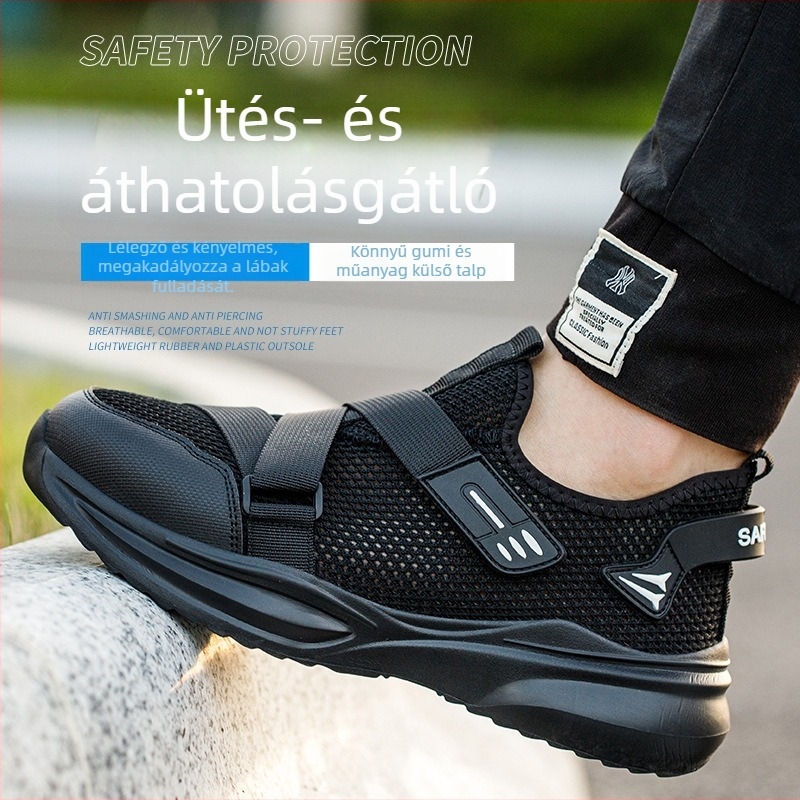 Férfi munkavédelmi cipő acél orral, slip-on, légáteresztő hálós felsőrész, könnyű, ütésálló és áthatolás elleni védelem, talp gumi-plasztik
