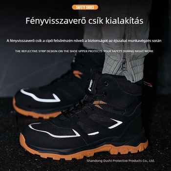 Szélesített acélorrú védőcipő, ütés és perforáció elleni védelem, gumitalpú csúszásmentes, magas szárú kültéri túracipő fényvisszaverő csíkokkal