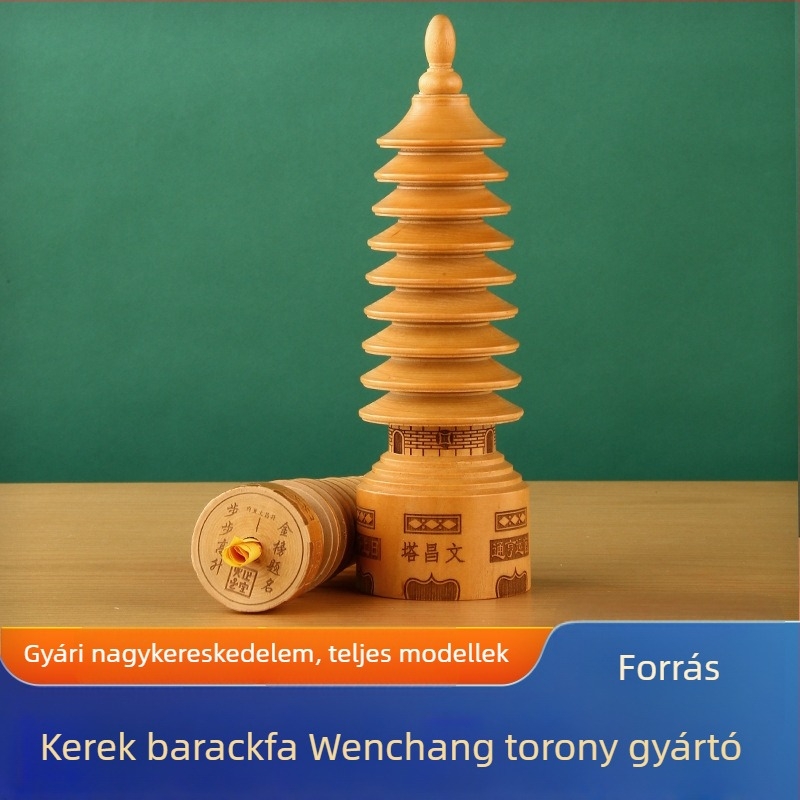 Kerek barackfából készült Wenchang-torony dísz, kilencemeletes fa dekoráció íróasztalhoz