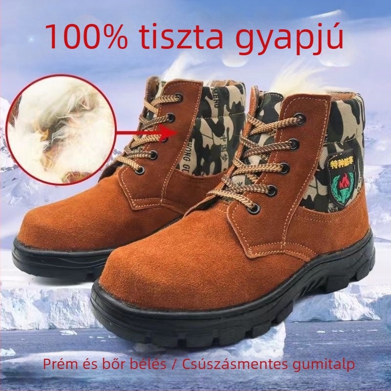Uniszex téli bakancs bőr felsőrészes és báránybőr béléssel, magas szárú, csúszásmentes, meleg kültéri viseletre