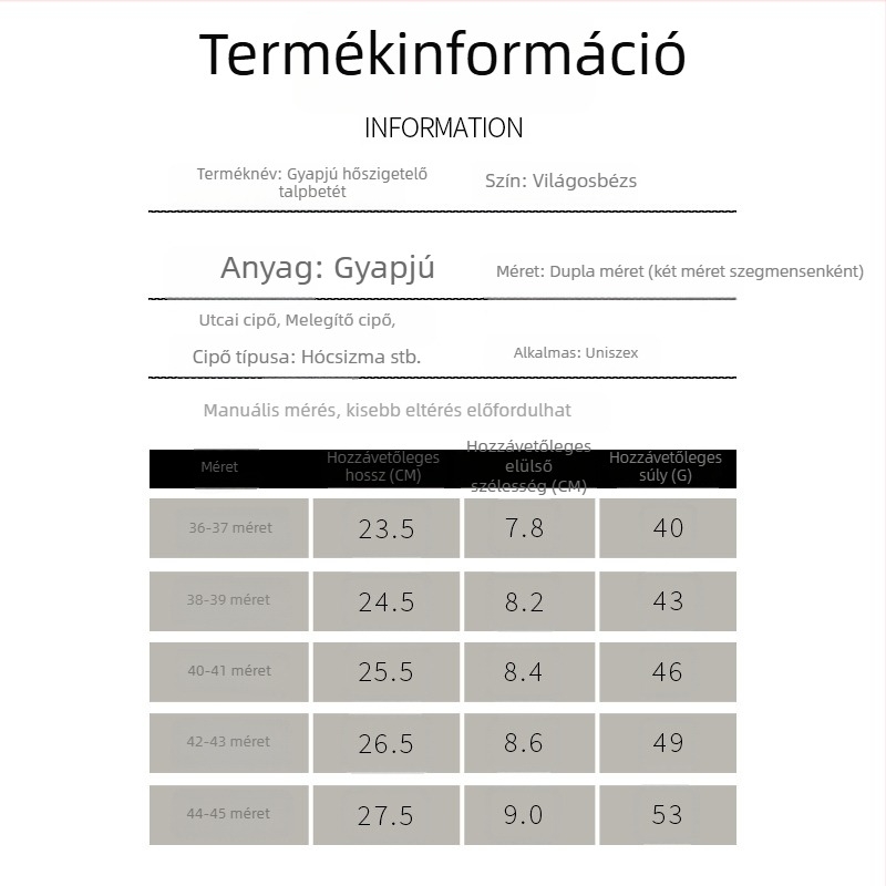 Gyapjú téli talpbetét – vastag, puha, izzadáselnyelő, magas rugalmasságú, csillapító, teljes hosszúságú talpbetét, uniszex