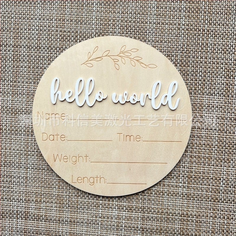 Hello World fa medál babáknak – fotózáshoz mérföldkő, hónapos fa darabok (Basswood)