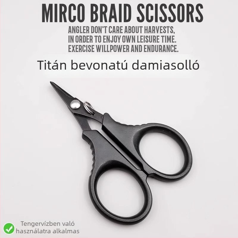 Titánbevonatú mini horgászolló, multifunkcionális, strapabíró a műcsalikhoz és a PE damilhoz