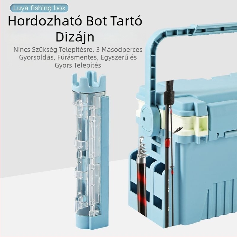 Többfunkciós csalihorgász doboz bot tartóval, kültéri eszköztároló, nagy kapacitás
