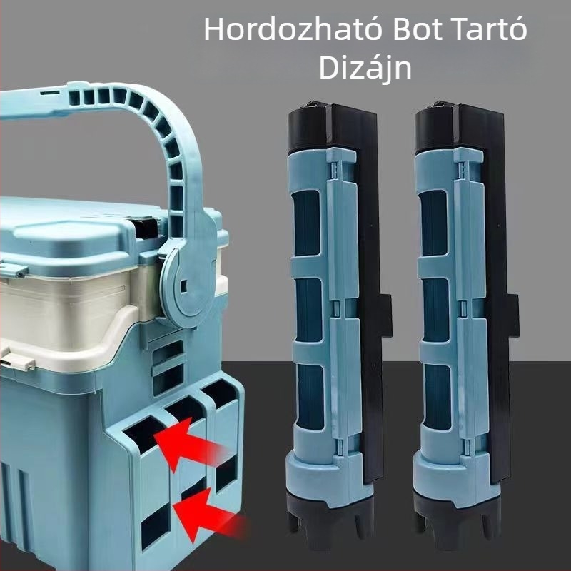 Többfunkciós csalihorgász doboz bot tartóval, kültéri eszköztároló, nagy kapacitás
