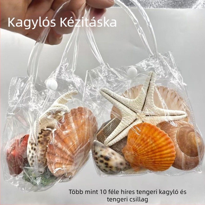 Természetes kagylók és konchok – drift üveg és tote bag készlet kézműves dekorációhoz mediterrán stílusban