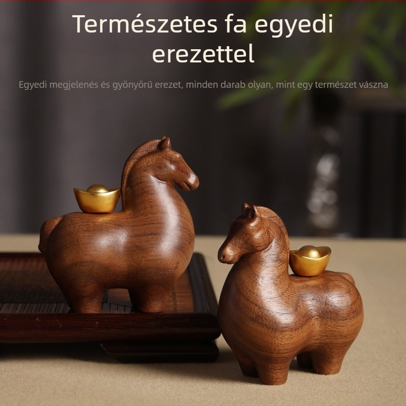 Rézbevonatú paulowniafa ló — asztali dísz, modern nappali dekoráció, lakásavató ajándék