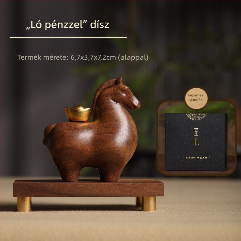 Rézbevonatú paulowniafa ló — asztali dísz, modern nappali dekoráció, lakásavató ajándék