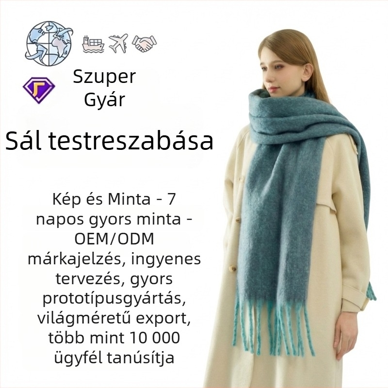 Női vastag egyszínű sál hosszú bojtokkal, meleg poliészter téli kiegészítő