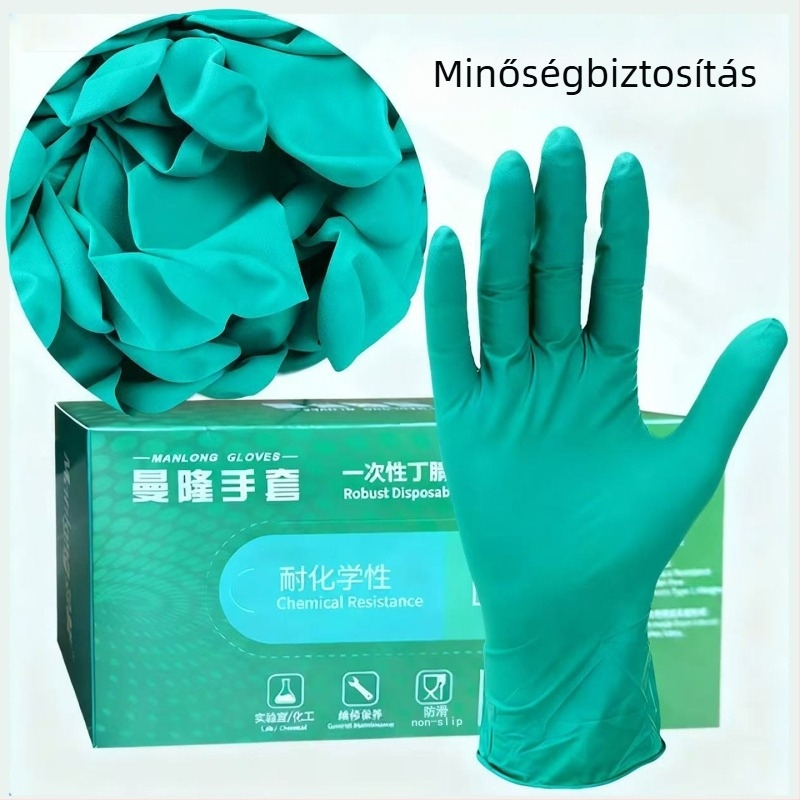Manlong zöld nitril kesztyűk, 6 g, vastagított, vízálló és olajálló, javításokhoz, laboratóriumi, háztartási és catering felhasználásra