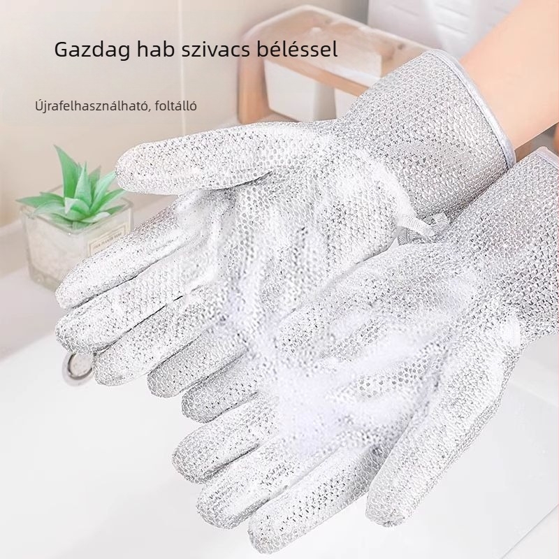 Vastagított vízálló mosogatós kesztyű ezüstdrótból, ötujjas, égésvédelmi és hőszigetelt a konyhai takarításhoz