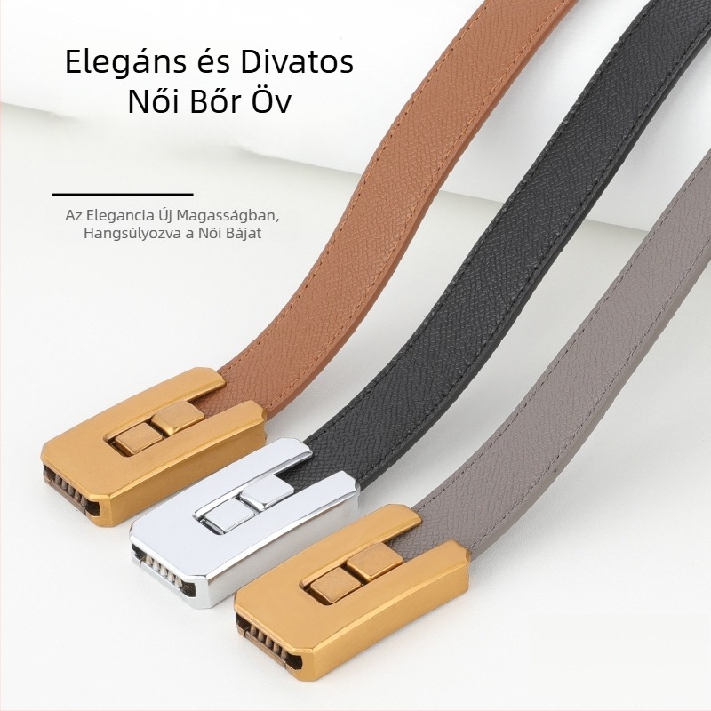 Női műbőr öv IN-stílusban, mindennapi karcsú deréköv téglalap alakú csattal, 2–4 cm szélesség, 90/100/120 cm hosszúság