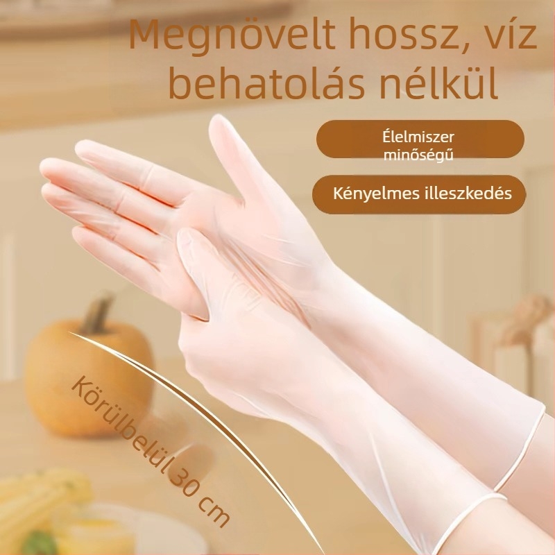 Hosszított egyszer használatos PVC kesztyűk, élelmiszer-minőségű, vastagított kivitel, nőknek, konyha, mosogatás, háztartási feladatok, catering és sütés, kézvédelem