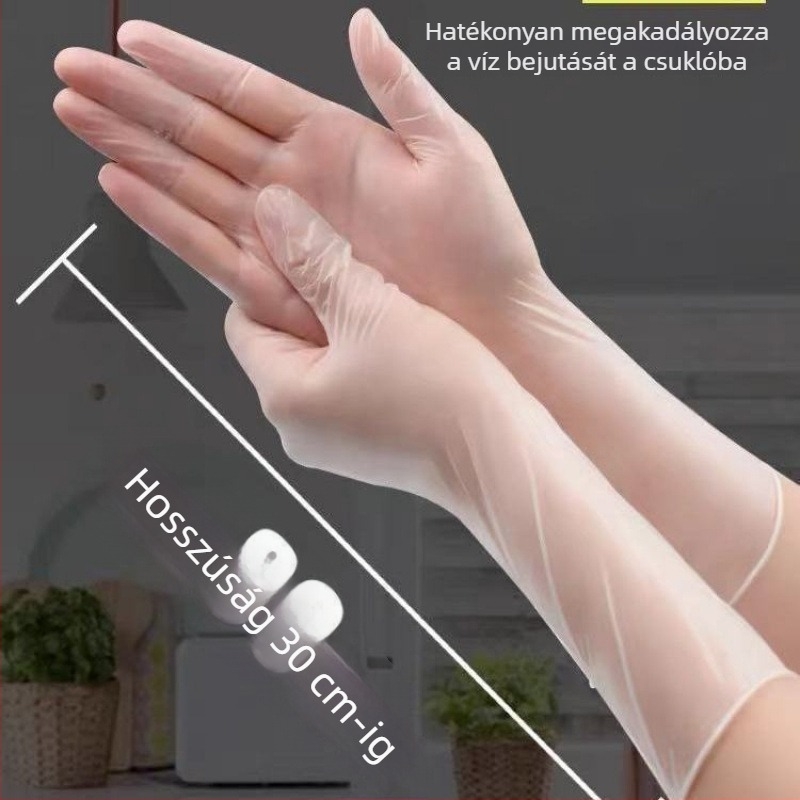 Hosszított egyszer használatos PVC kesztyűk, élelmiszer-minőségű, vastagított kivitel, nőknek, konyha, mosogatás, háztartási feladatok, catering és sütés, kézvédelem