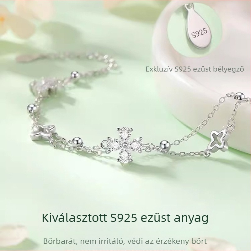 925 ezüst kettős rétegű négylevelű lóhere karkötő nőknek, egyedi kialakítás, kiváló minőségű ajándék neki