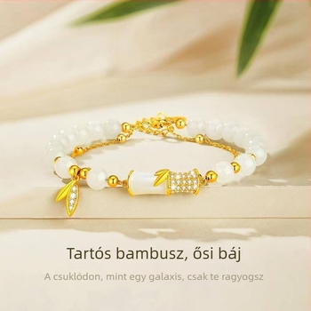 Női aranyozott ezüst S925 karkötő, bambuszcsomó és Hetian jade, bambuszlevél dizájn