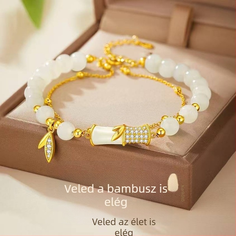Női aranyozott ezüst S925 karkötő, bambuszcsomó és Hetian jade, bambuszlevél dizájn
