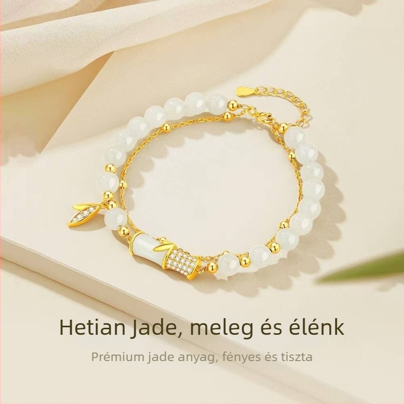Női aranyozott ezüst S925 karkötő, bambuszcsomó és Hetian jade, bambuszlevél dizájn