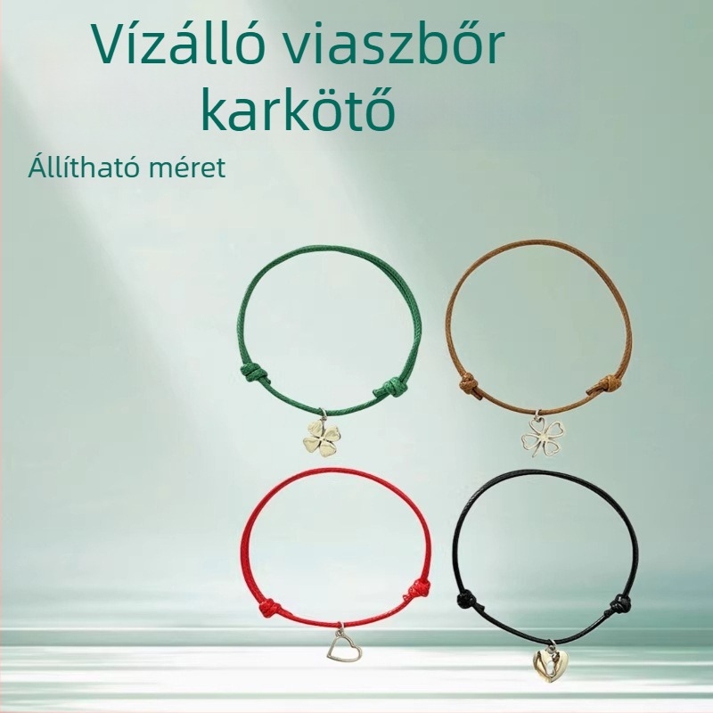 Minimalista, vízálló viaszos bőr kötél karkötő, állítható, szív alakú négylevelű lóhere medállal, uniszex ékszer