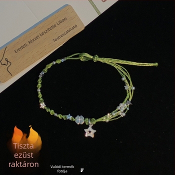 Sterling ezüst négylevelű lóhere, motívumokkal csillag és virág, kézzel fonott zsinóros karkötő, erdei nyári stílusú ékszer.