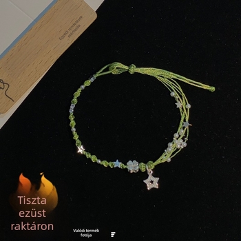 Sterling ezüst négylevelű lóhere, motívumokkal csillag és virág, kézzel fonott zsinóros karkötő, erdei nyári stílusú ékszer.