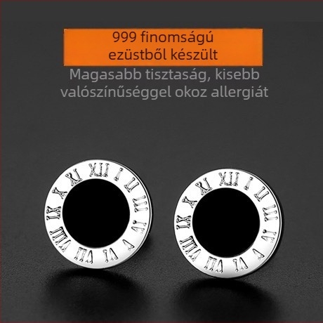S999 tiszta ezüst, fekete római számok fülbevaló, kerek formájú, minimalist stílus, uniszex