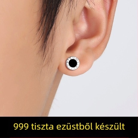 S999 tiszta ezüst, fekete római számok fülbevaló, kerek formájú, minimalist stílus, uniszex