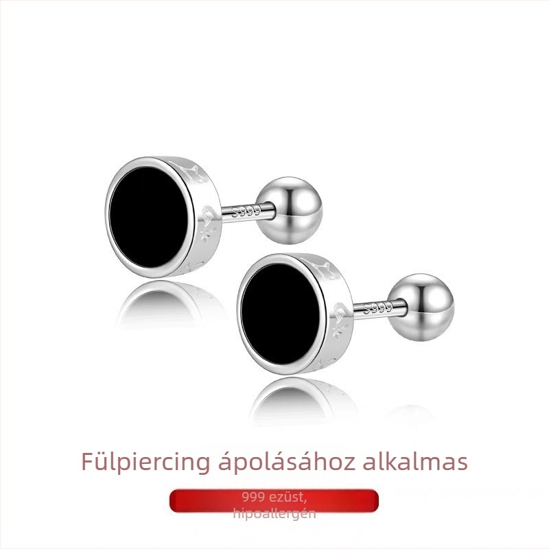 S999 sterling ezüst, fekete, hatsoros mantra fülpiercing csavaros zárással – férfi minimalistikus ékszer