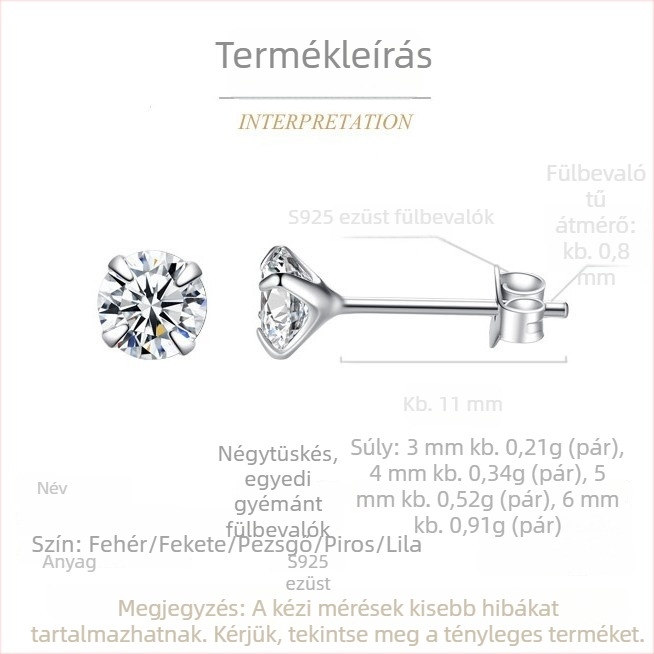 925 ezüst rhinestone fülbevaló, négylábú cirkónium beállítás, egy gyémánt, koreai stílus