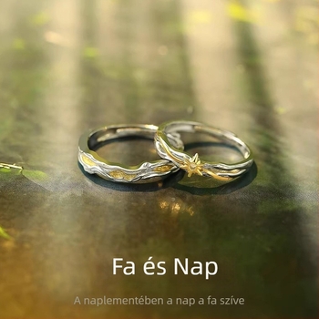 Fa és Nap Pár Gyűrű – 925-ös ezüst – Uniszex, egymáshoz illő gyűrűk, könnyed luxus dizájn