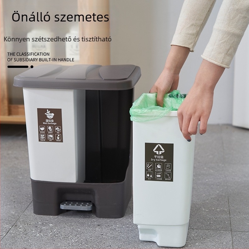 Otthoni használatra kész kétszemetes kuka száraz–nedves szétválasztással és pedálos fedéllel, konyha, fürdőszoba, iroda és nappali számára (12 liter vagy több)