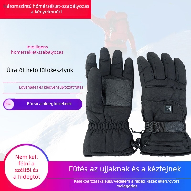 Tölthető fűtött kesztyűk téli kültéri sportokra (sí- és kerékpározás), vízálló, 4,5V akkumulátor