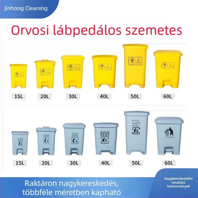 Nagy műanyag orvosi hulladékgyűjtő kuka pedállal és fedővel, kereskedelmi felhasználásra, szállodai konyhákhoz