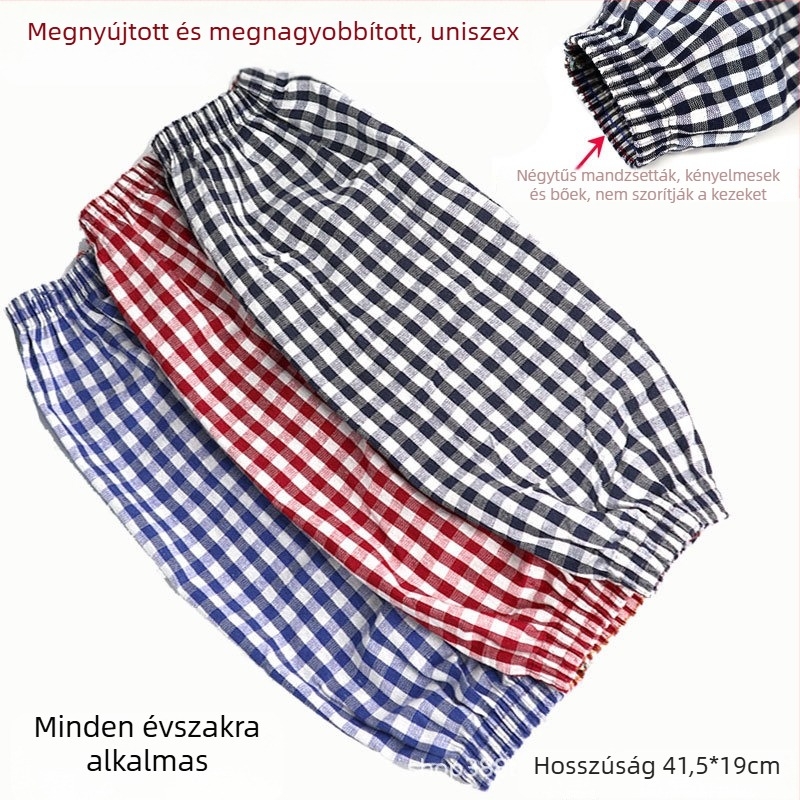 Pamut kockás mintájú hosszított ujjvédők háztartási munkákhoz, por- és szennyeződés elleni védelem, UV-védelem, viselhetők minden évszakban