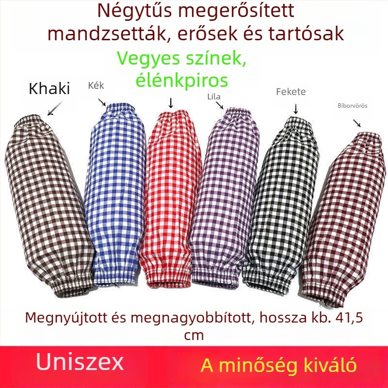 Pamut kockás mintájú hosszított ujjvédők háztartási munkákhoz, por- és szennyeződés elleni védelem, UV-védelem, viselhetők minden évszakban
