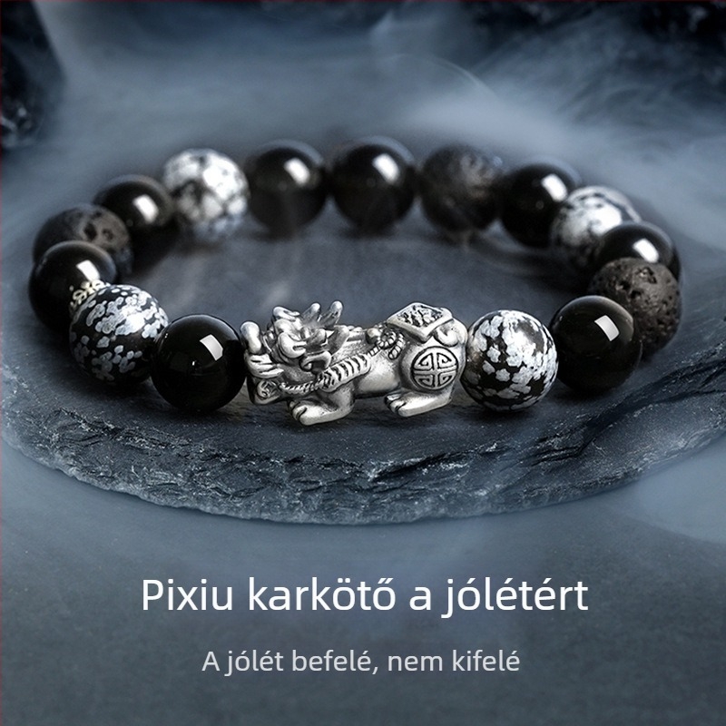 Pixiu karkötő férfiaknak, aranyozott bevonatú, obsidián karkötő, Új kínai stílus, születésnapi ajándék a partnerének