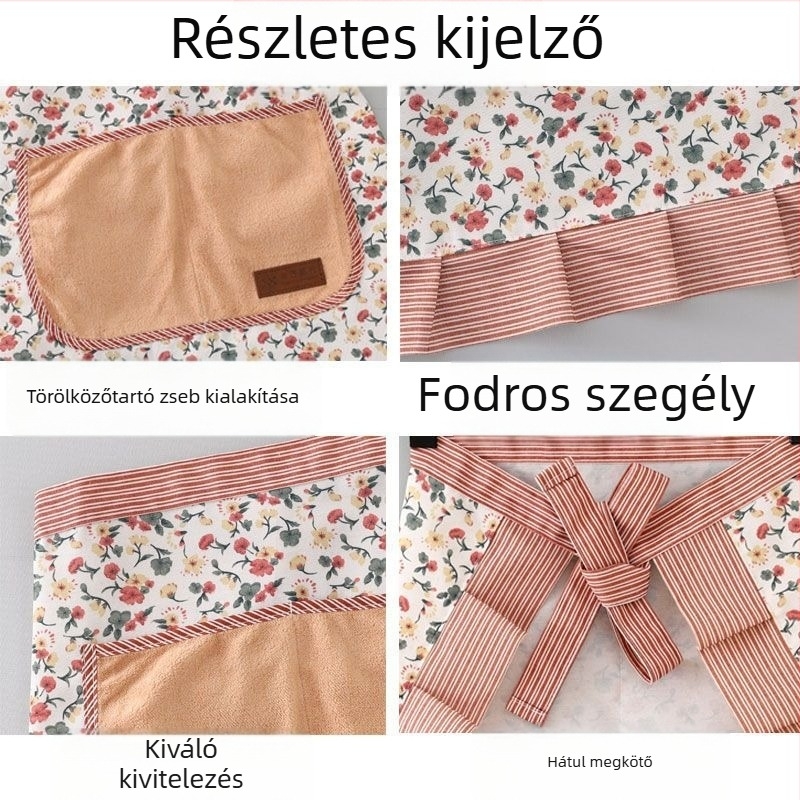 Koreai stílusú vászon virágos félhosszúságú kötény konyhai és otthoni használatra, szennyeződés- és kopásálló, ideális főzéshez