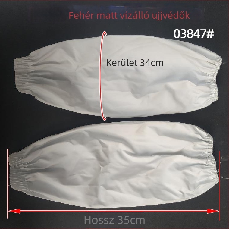 Fehér matt anyagú vízálló ujjvédők elasztikus mandzsettákkal; olajálló védő munkaruha, szennyeződésálló; széles bőr ujjvédők