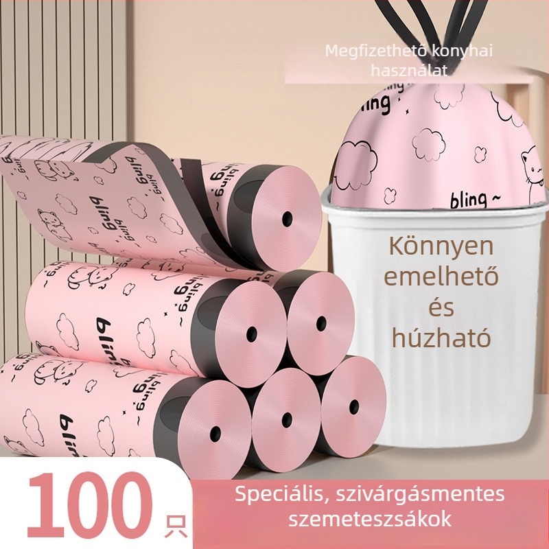 Új stílusú háztartási szemeteszsákok húzózsinórral, nyomtatott műanyag zacskók konyhába és fürdőszobába, 100 darab
