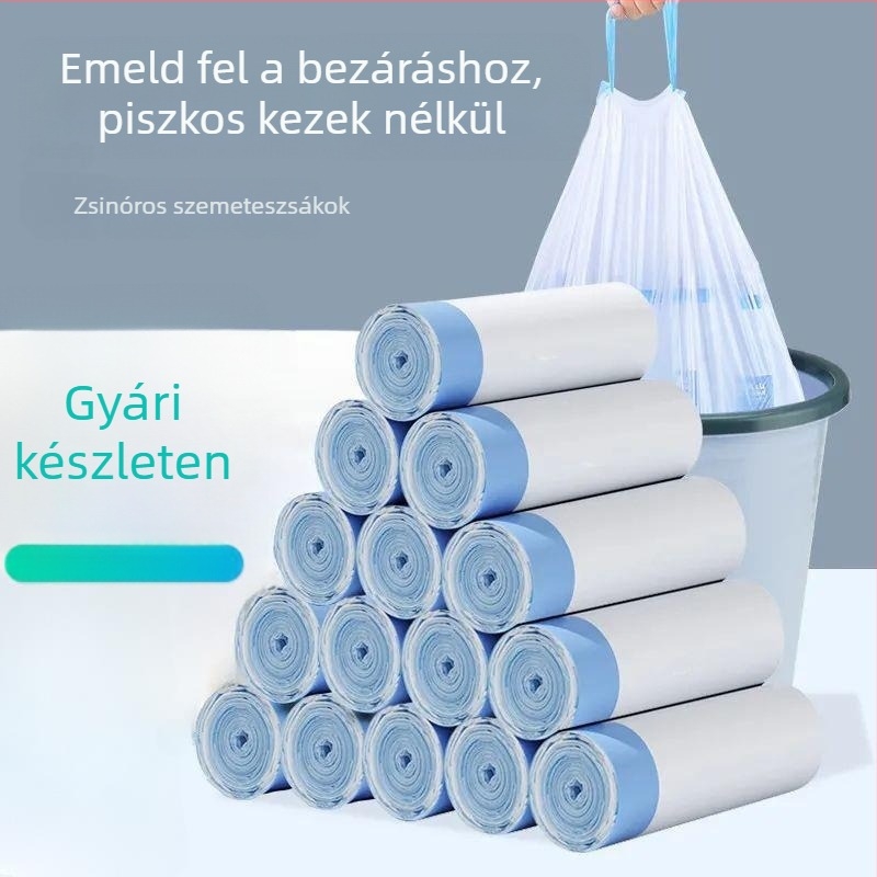 Sűrű, fehér szemeteszsákok kötözővel és automatikus zárással, 60 darabos készlet, kollégiumi és irodai használatra