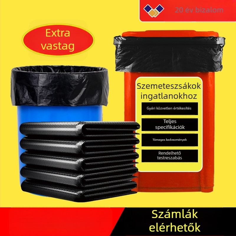 Nagy vastag fekete szemeteszsákok sík szájjal, HDPE, egyszer használatos, ingatlan-karbantartás és vendéglátás céljára, nagy tételben
