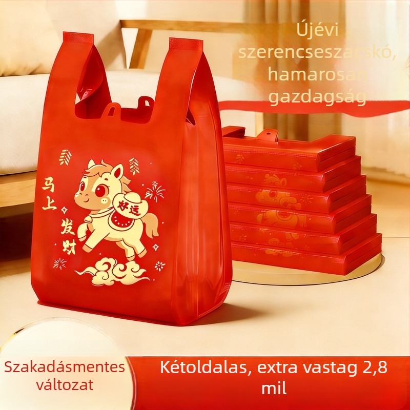 2026 a ló éve, vastagított műanyag zacskó arany fóliával, piros ünnepi ajándéktáska az új évre, háztartási tisztításra szolgáló mellény-stílusú zacskó