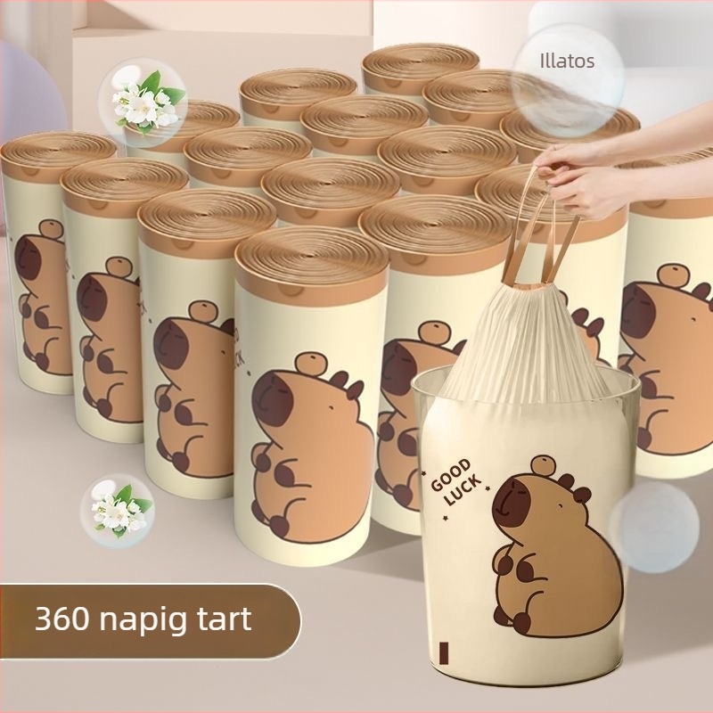 Capybara szemeteszsákok, extrán vastagok, nyomott mintázattal, zsinóros zárás, háztartási használatra, nagy méret