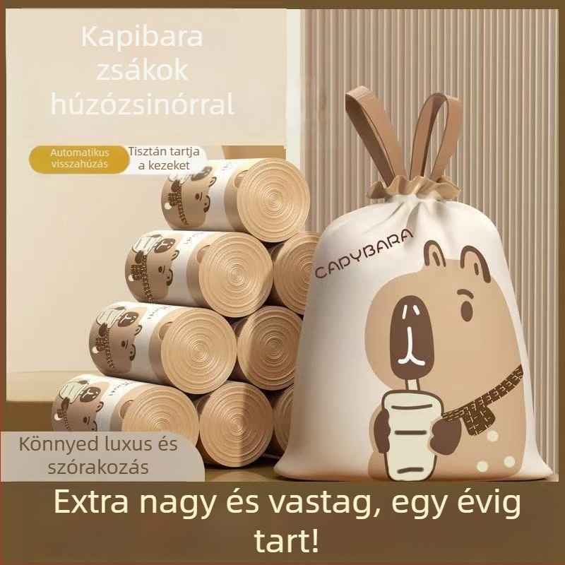 Capybara szemeteszsákok, extrán vastagok, nyomott mintázattal, zsinóros zárás, háztartási használatra, nagy méret