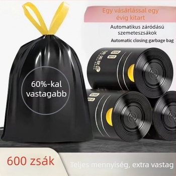 Fekete, extra vastag szemeteszsákok zsinóros zárással – konyhára és kollégiumba, háztartási műanyag zacskók