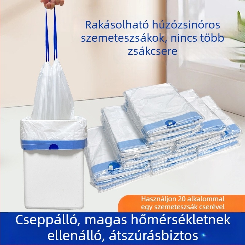 Kötős, rétegzett szemeteszsákok, vastagított kivitelben, nagy kapacitású, kollégiumi használatra, automatikus zacskócserével