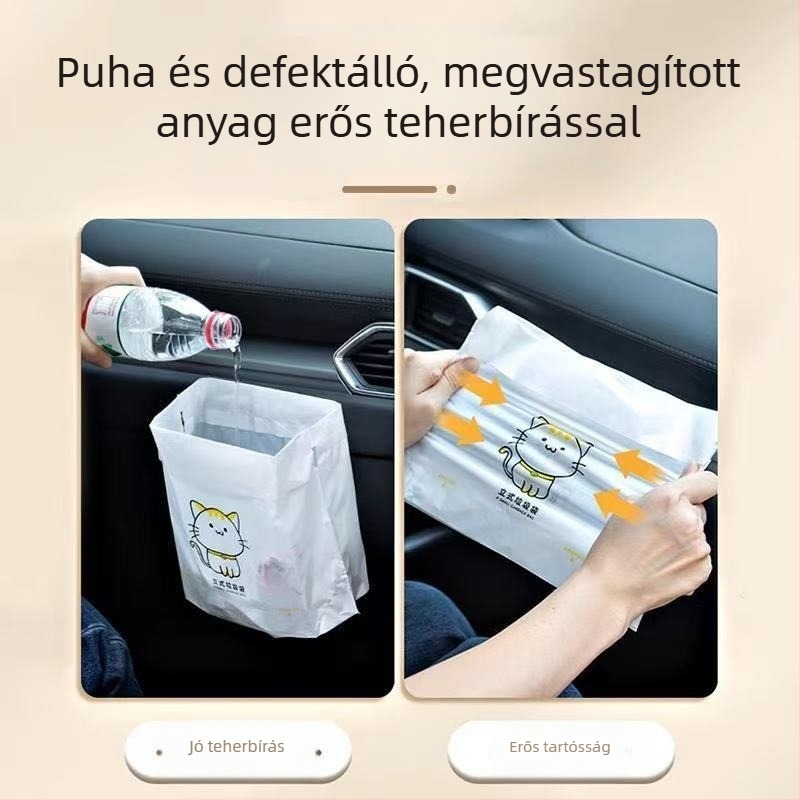 Autóba való egyszer használatos szemetes zacskók ragasztó típusú, álló kivitel, belső használatra