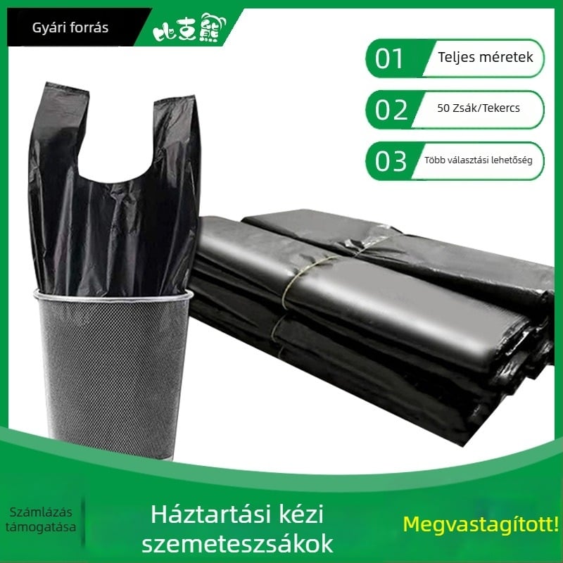 Fekete, egyszer használatos konyhai szemeteszsák, vastagított kivitel, kézi fogantyúval, műanyag zsák